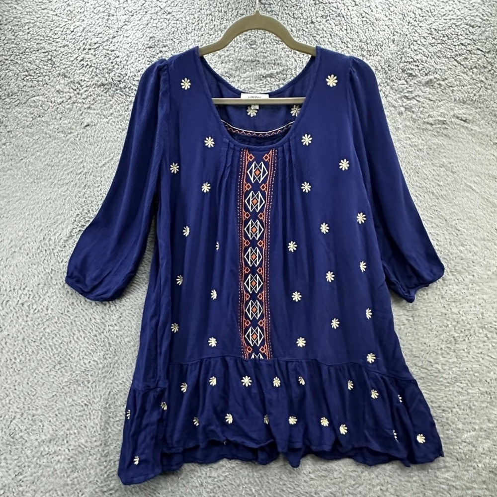 Umgee Women's Large Blue Embroidered Boho Tunic Top Floral Ruffle Hem Flowy EUC